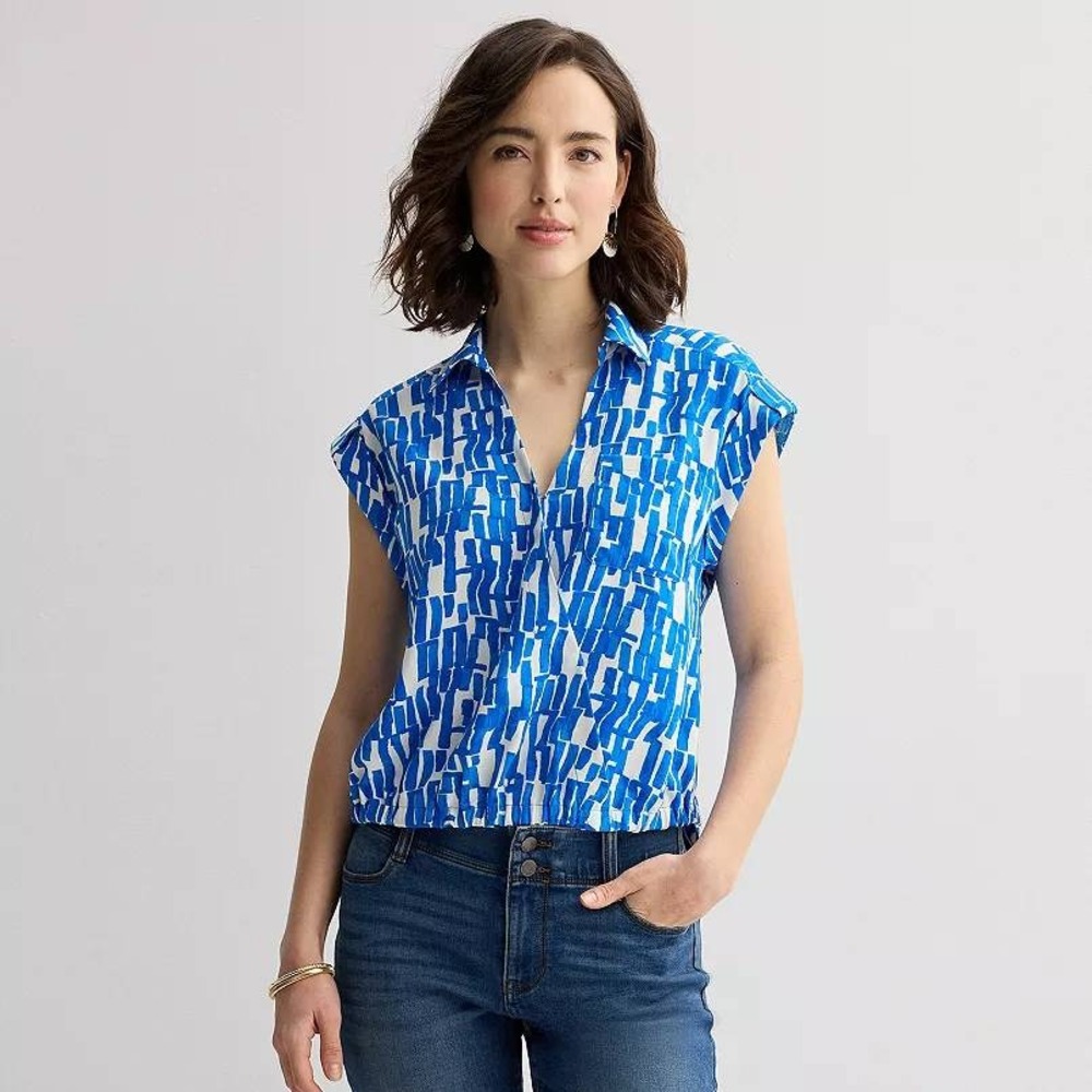 Nine West Blouse Geometric Abstract Blue White High-Low V-Neck XL NWT